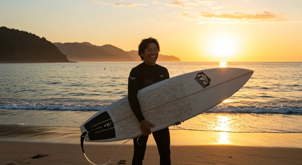 サーフボードを持ちながら笑顔で海辺に立つ人物