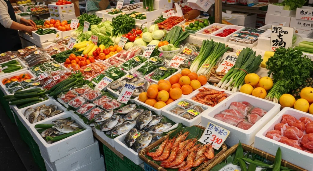 宮崎の新鮮な海産物や農産物が並ぶ市場の様子