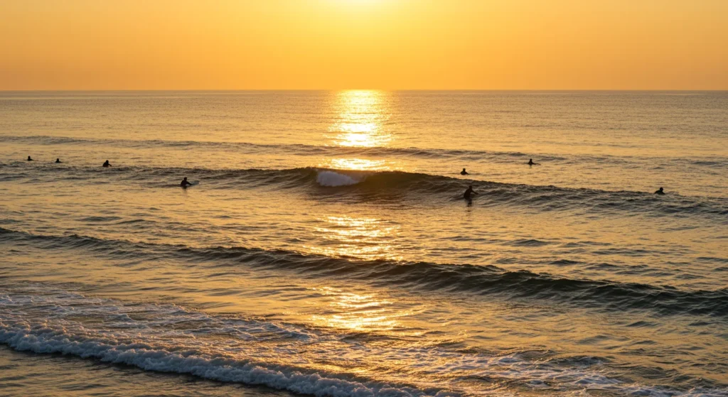 秋の宮崎海岸でサーフィンを楽しむ風景